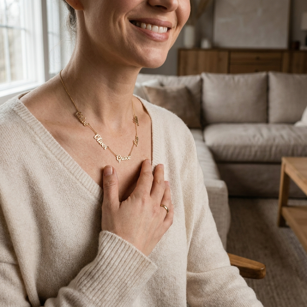 Woman wearing the gold five-name necklace
